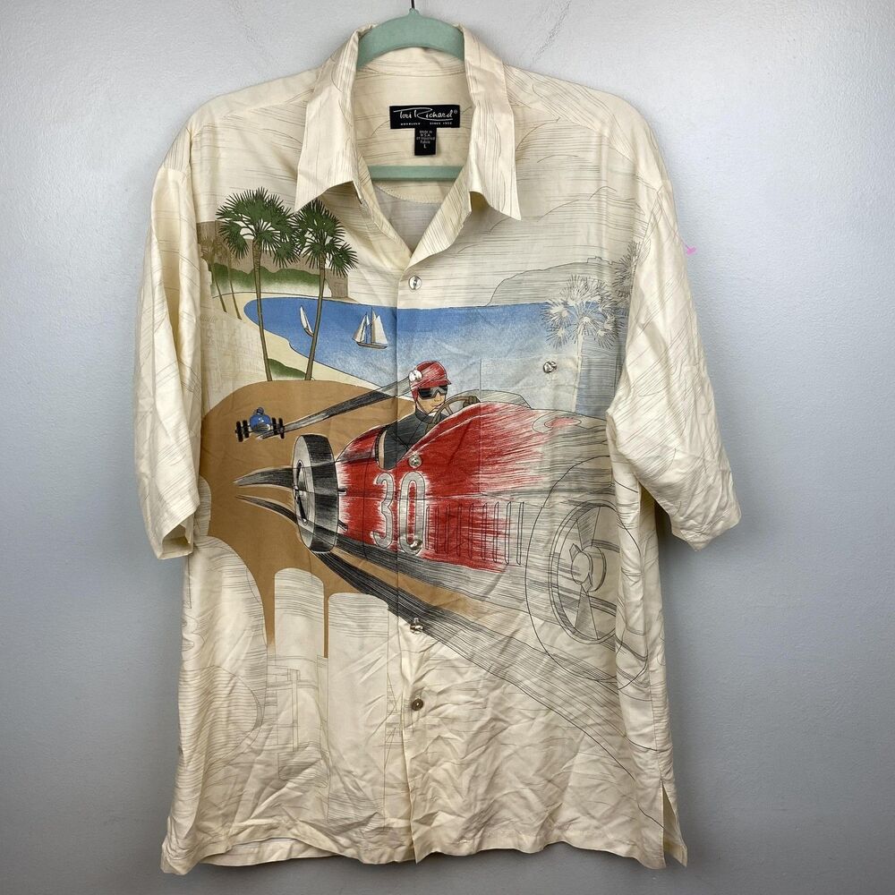 Tori Richard Shirt Mens Large Cream Red Race Car 30 Button Up Hawaiian Viscose
